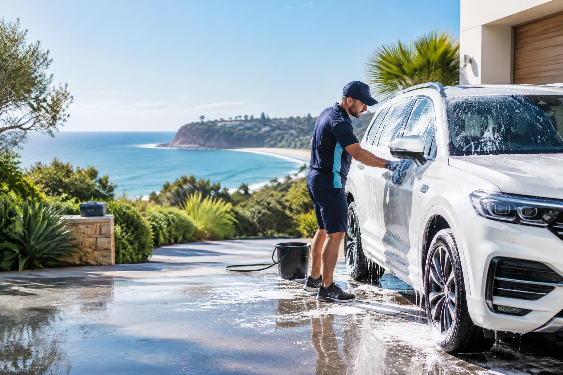 Professional washing a family SUV at a Northern Beaches home