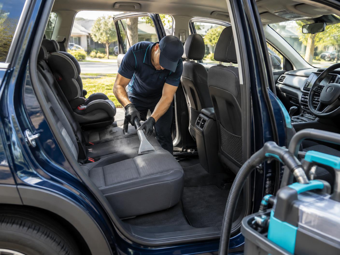 Deep interior steam cleaning inside a family SUV